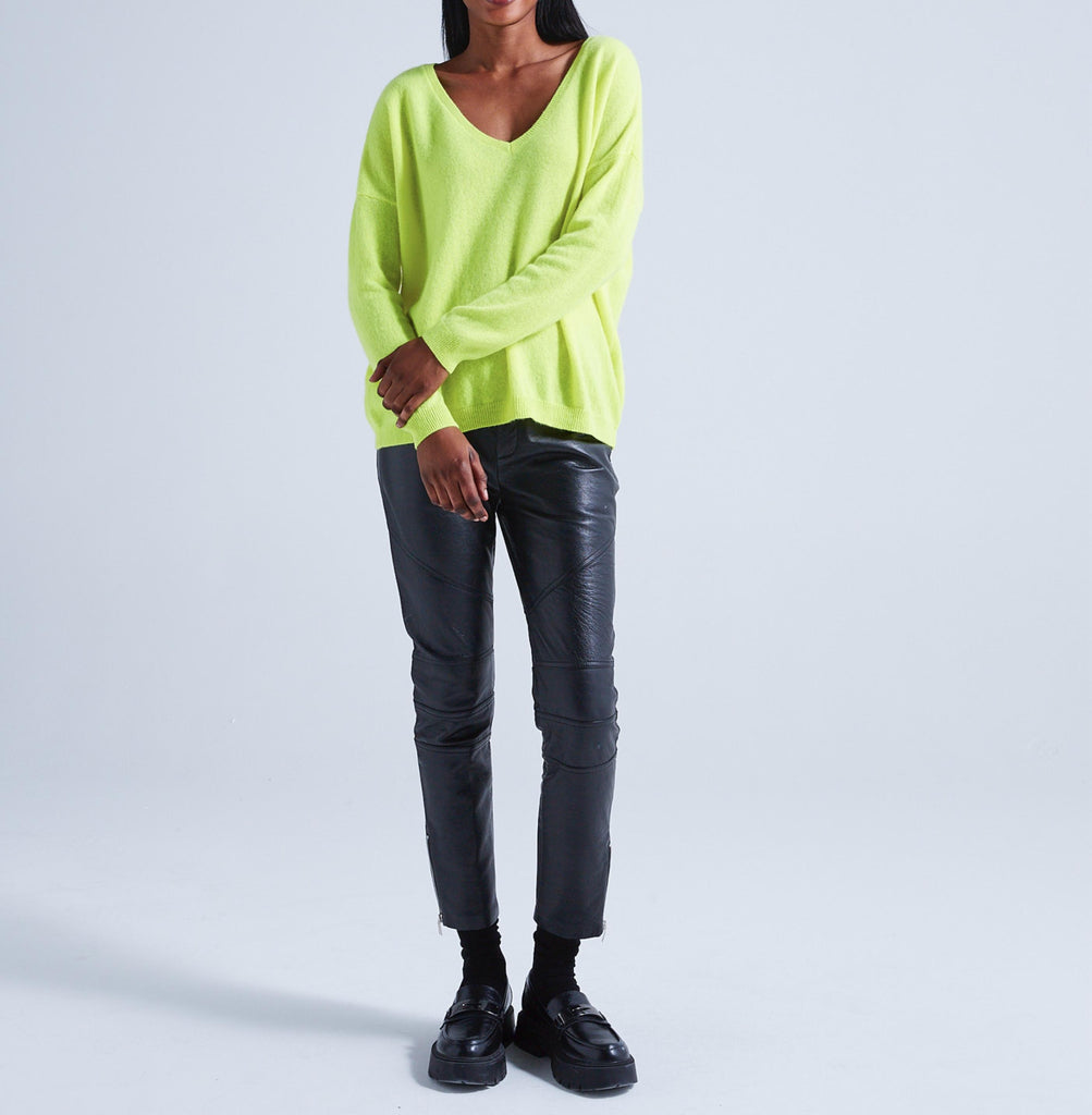 Absolut Cashmere - Pull Large Col V Angele - Jaune Fluo - 100% Cachemire 12GG - Femme