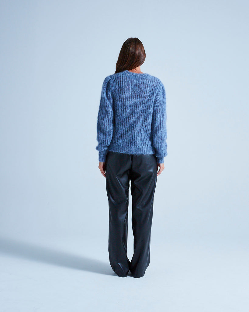 Absolut Cashmere - Pull Col Rond Manches Longues Gigot Elina - Bleu Horizon B Noir - Femme