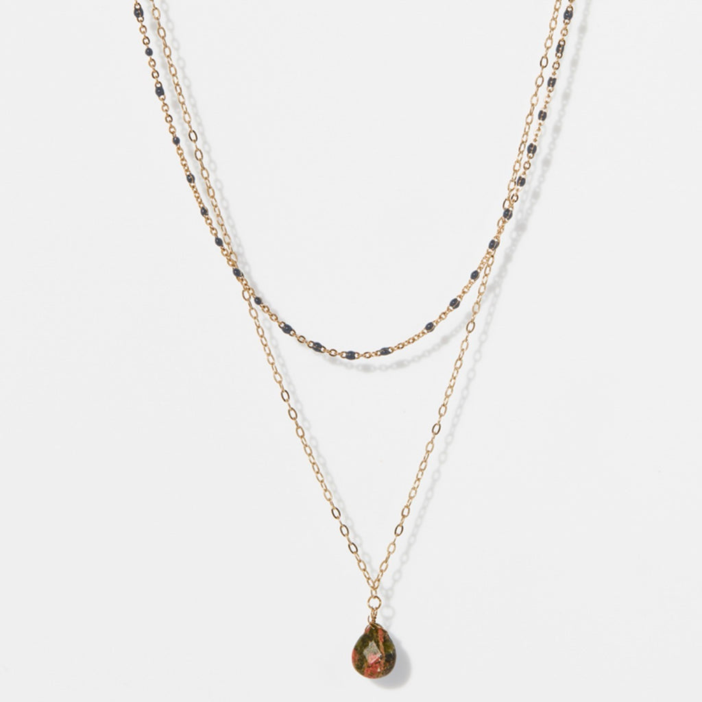 Collier Barbaron Unakite Verte - Laiton Doré