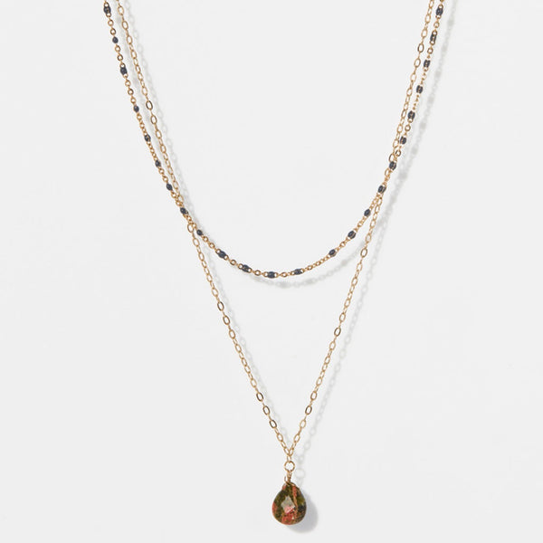 Collier Barbaron Unakite Verte - Laiton Doré