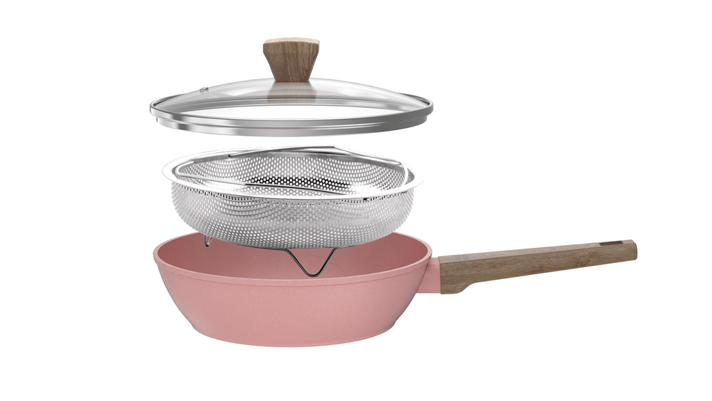 Sauteuse 28cm Avec Couvercle + Panier - Aluminium Forgé - Revêtement Céramique - Rose