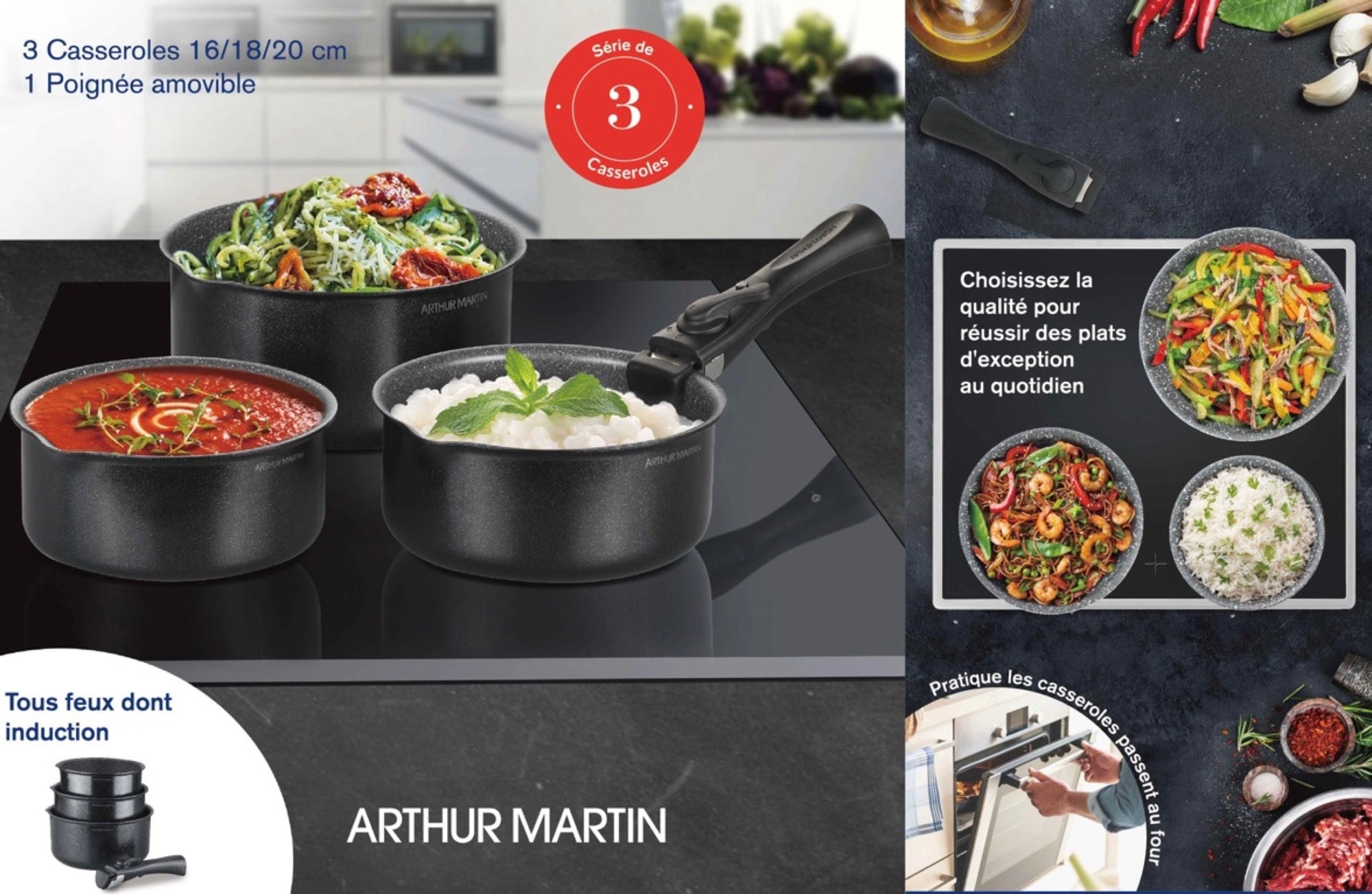 Set 3 Casseroles 16/18/20cm - Aluminium - Anti-Adhésif - Noir