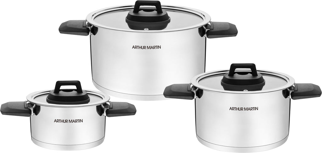 Set 3 Marmites 2/4/6L - Poignées Rabattables - Acier Inoxydable - Inox