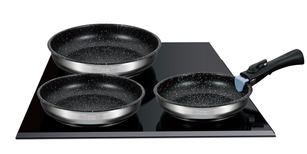 Set 3 Poêles 20/24/26cm - Intérieur Anti-Adhésif - Acier Inoxydable - Inox