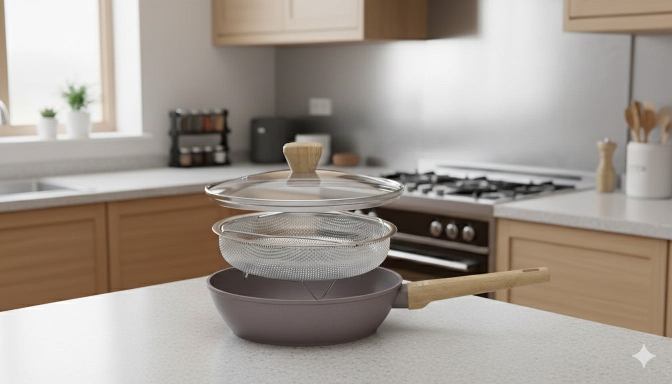Sauteuse 28cm Avec Couvercle + Panier - Aluminium Forgé - Revêtement Céramique - Taupe