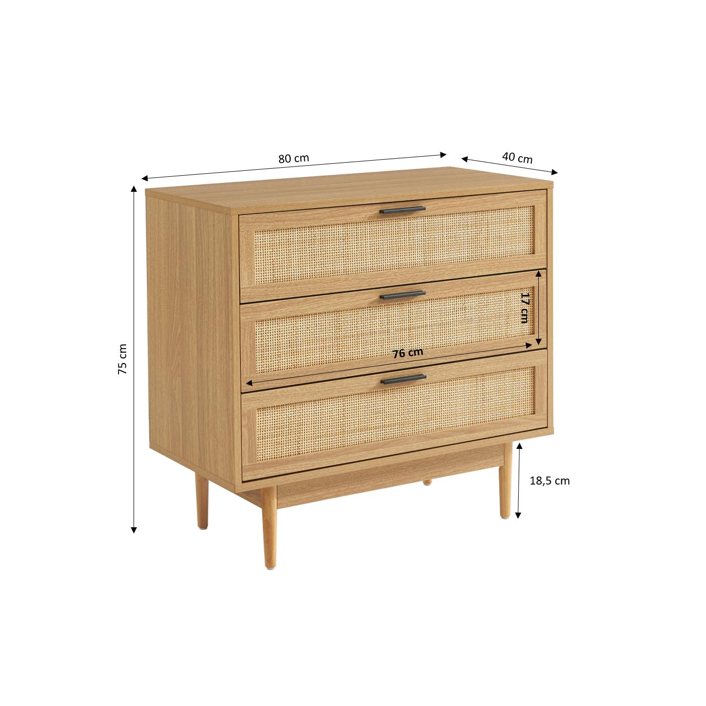 Amana - Commode 3 Tiroirs - Effet Chêne Et Cannage Rotin