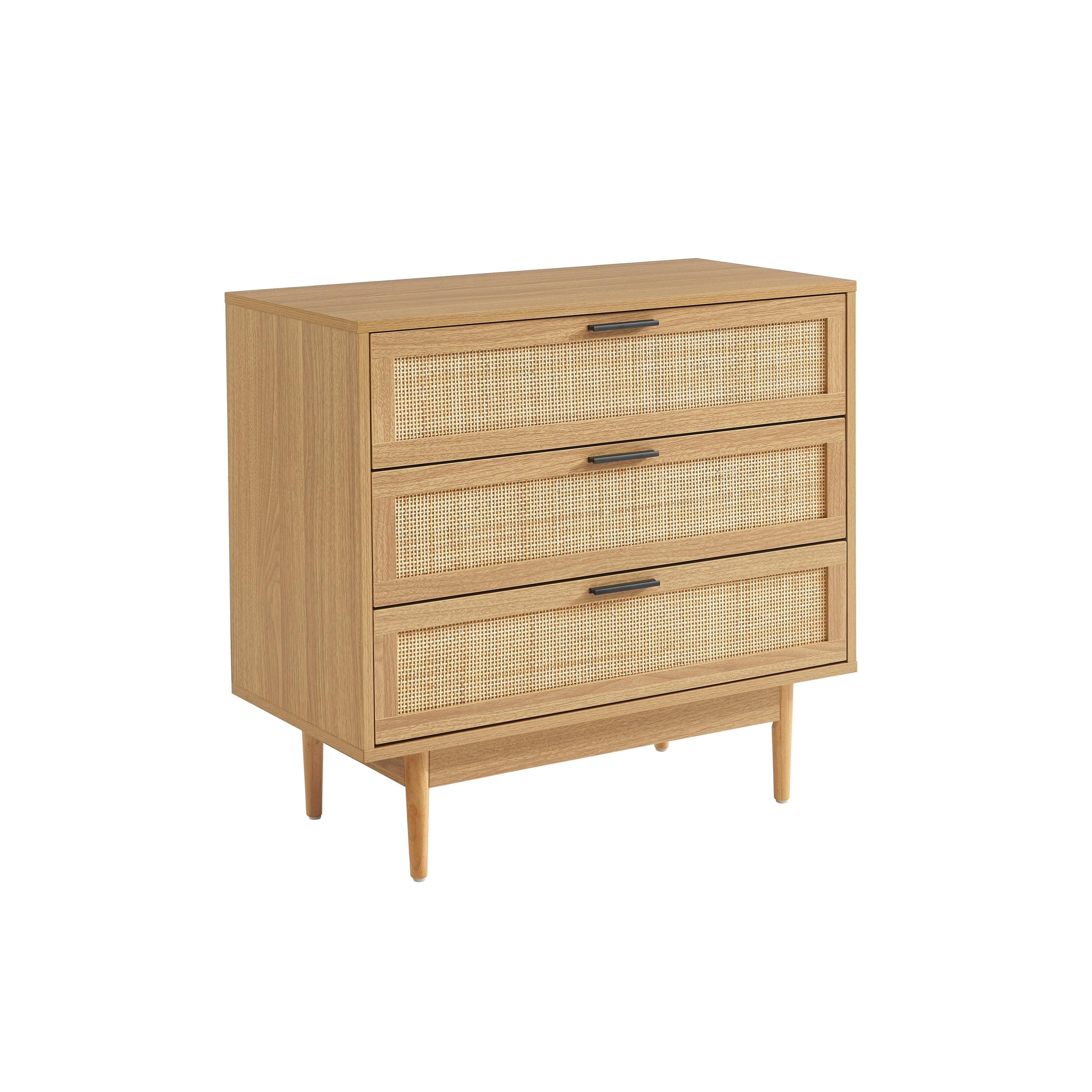 Amana - Commode 3 Tiroirs - Effet Chêne Et Cannage Rotin
