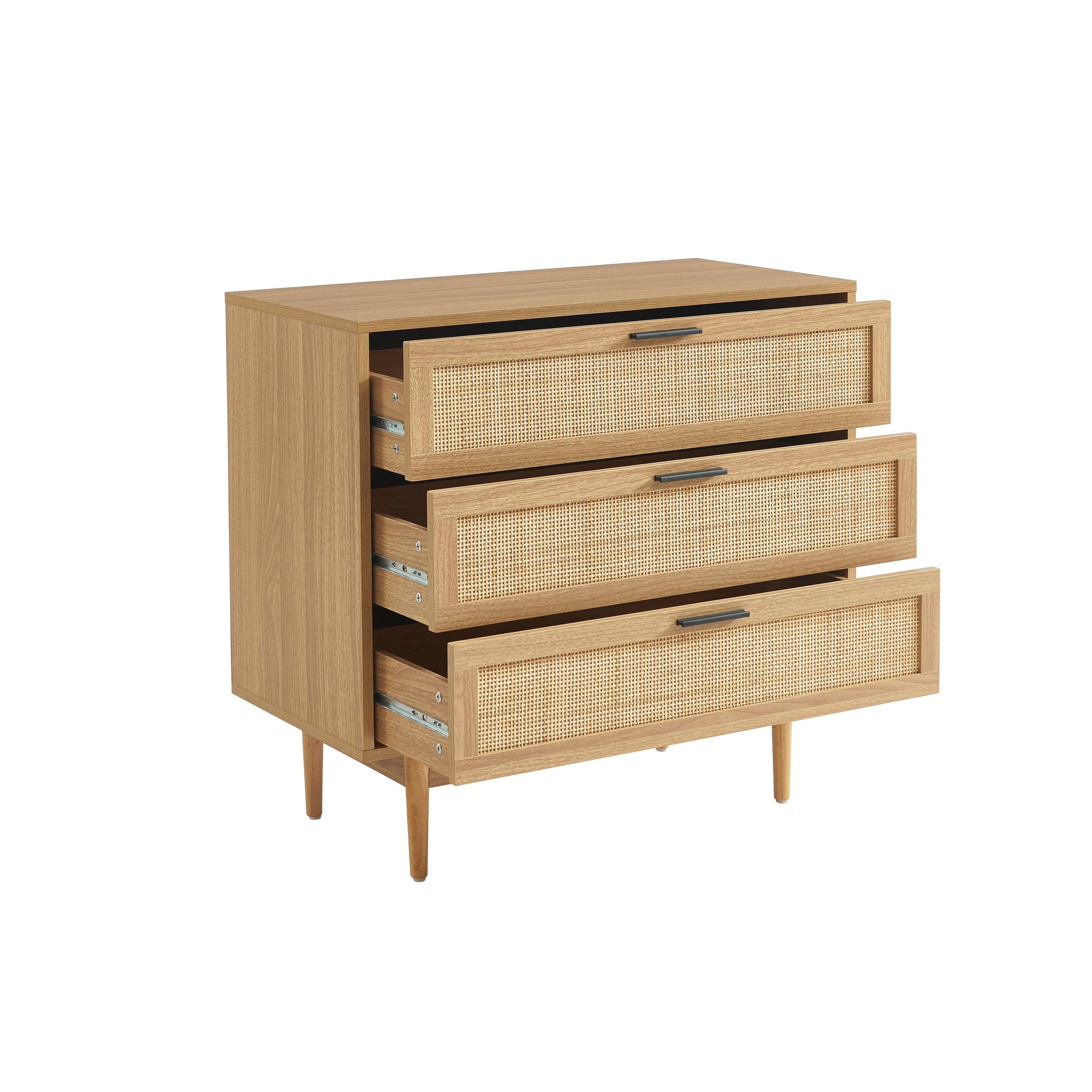 Amana - Commode 3 Tiroirs - Effet Chêne Et Cannage Rotin