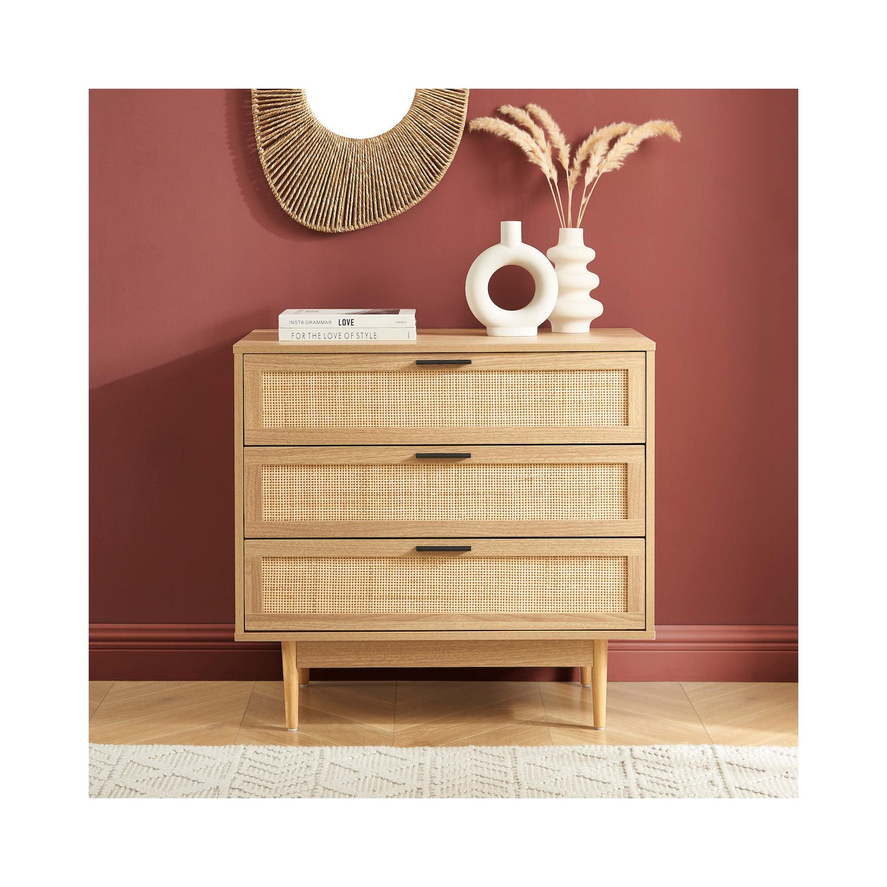 Amana - Commode 3 Tiroirs - Effet Chêne Et Cannage Rotin