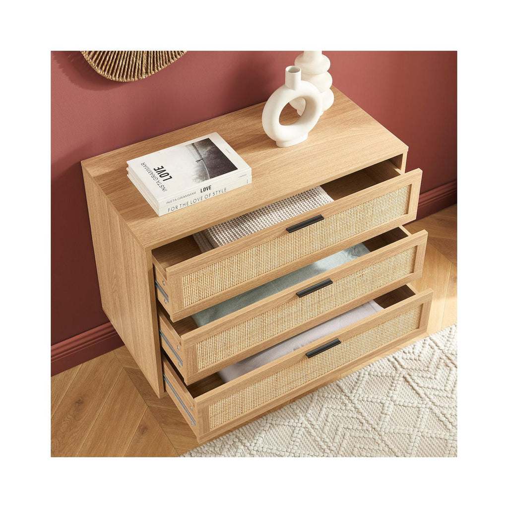 Amana - Commode 3 Tiroirs - Effet Chêne Et Cannage Rotin