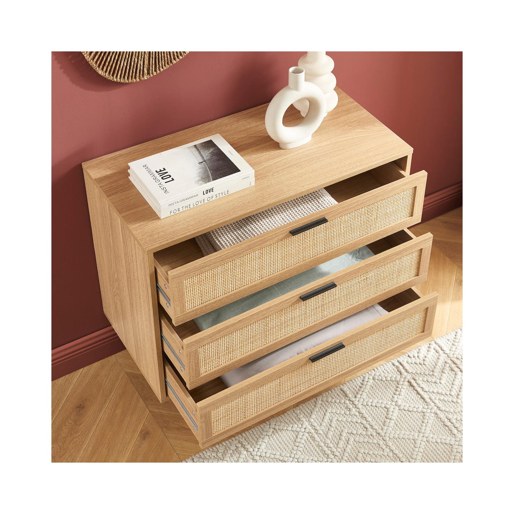 Amana - Commode 3 Tiroirs - Effet Chêne Et Cannage Rotin