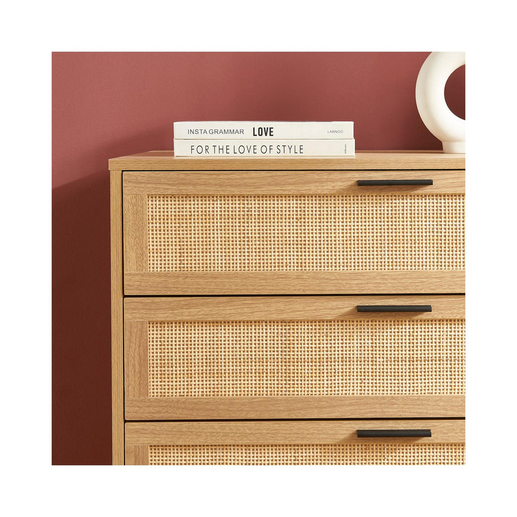 Amana - Commode 3 Tiroirs - Effet Chêne Et Cannage Rotin
