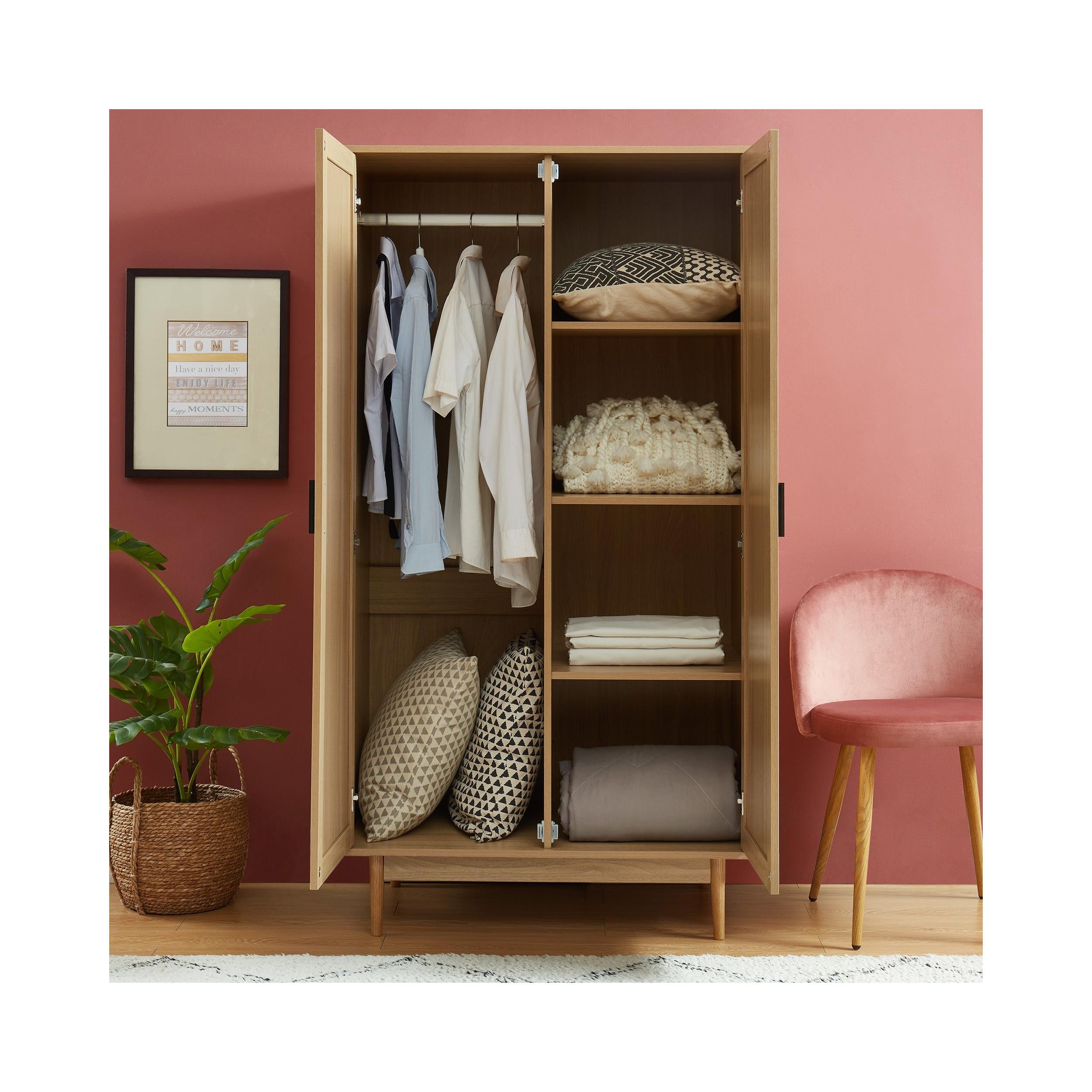 Amana - Armoire 2 Portes - Effet Chêne Et Cannage Rotin