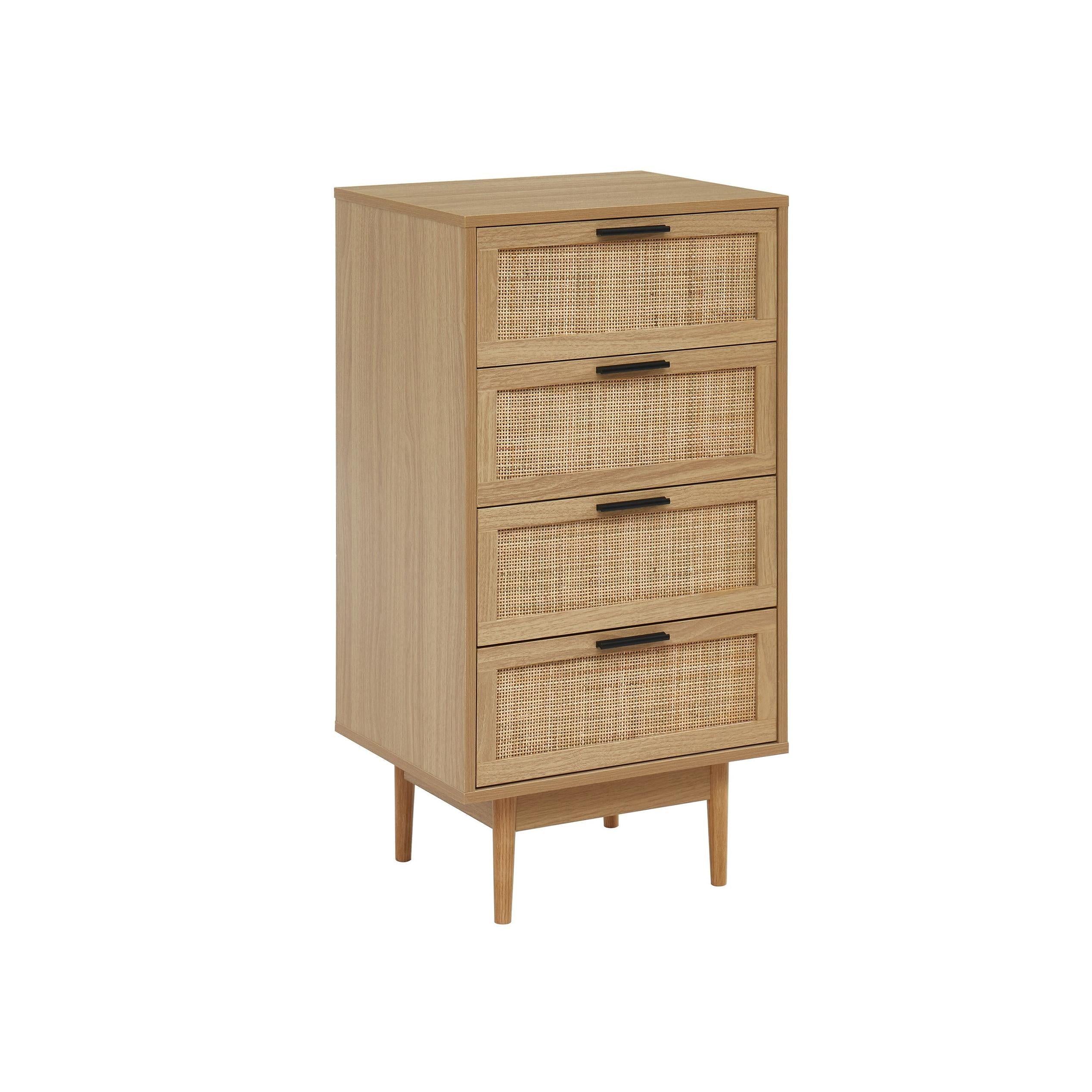 Amana - Chiffonnier 4 Tiroirs - Effet Chêne Et Cannage Rotin