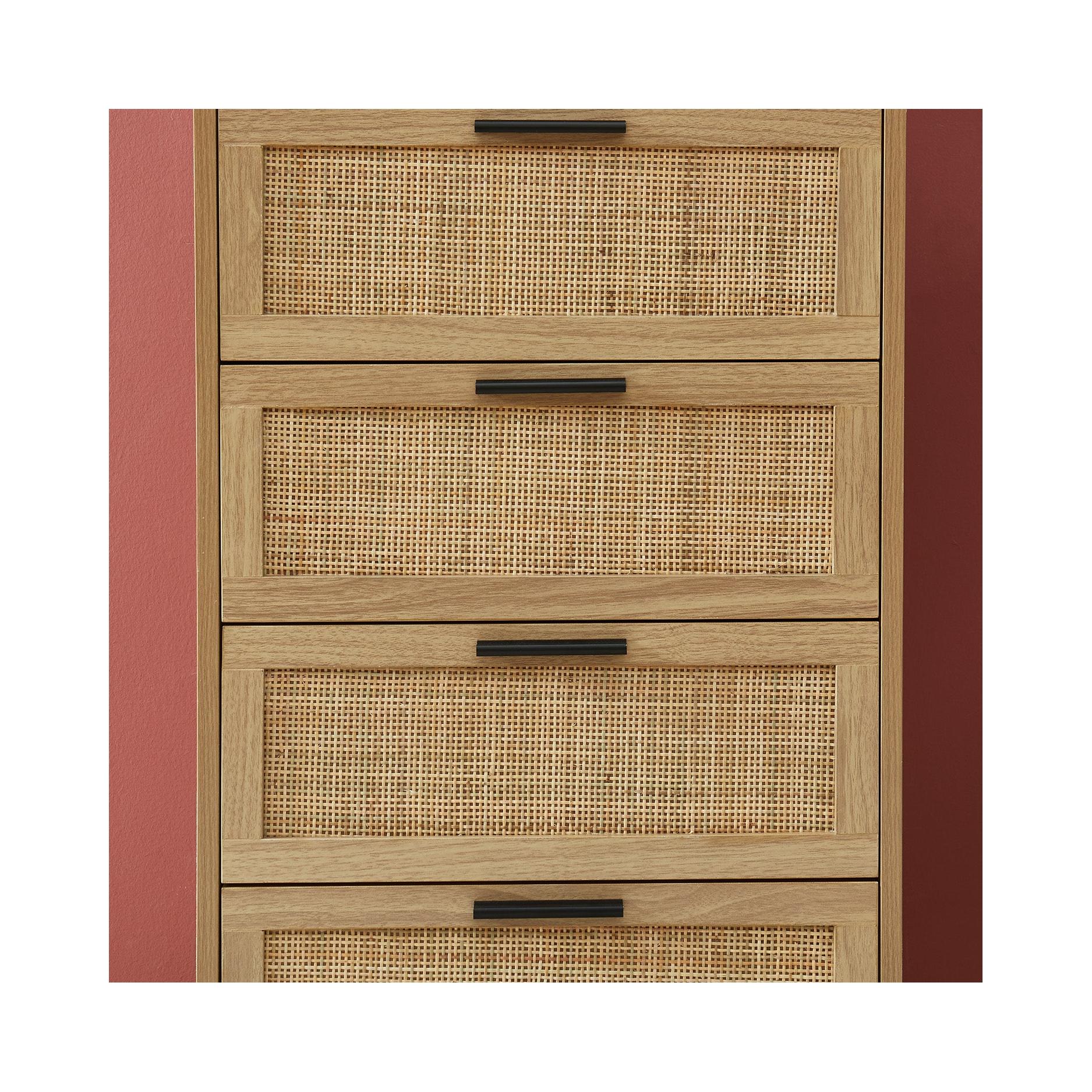 Amana - Chiffonnier 4 Tiroirs - Effet Chêne Et Cannage Rotin