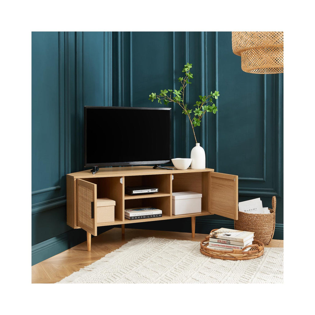 Amana - Meuble Tv D'Angle - Effet Chêne Et Cannage Rotin