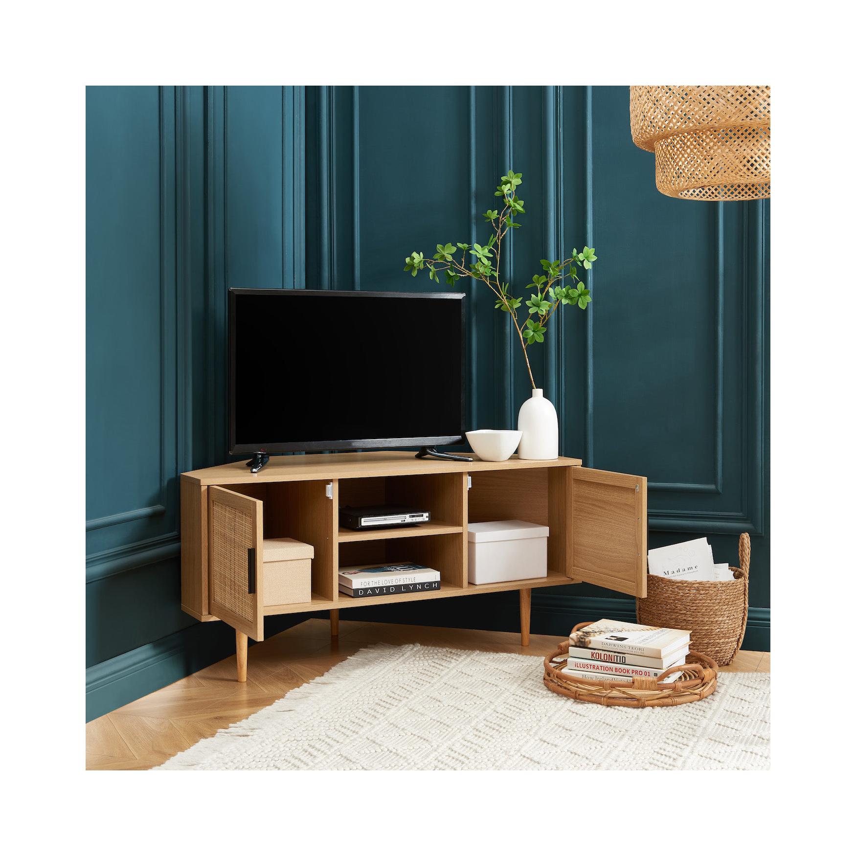 Amana - Meuble Tv D'Angle - Effet Chêne Et Cannage Rotin