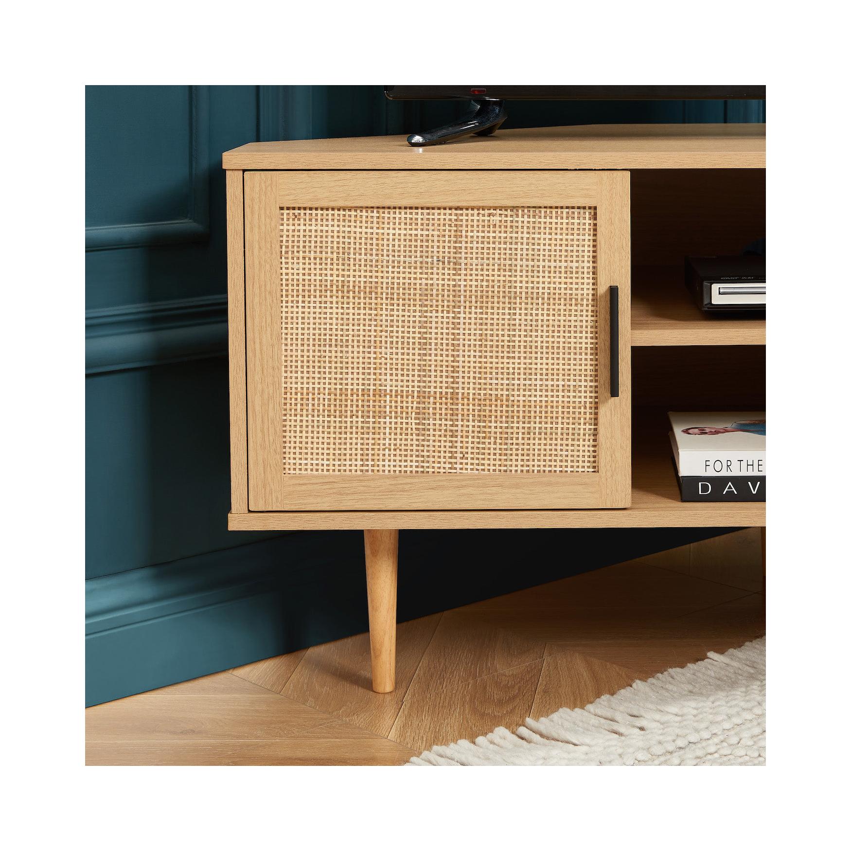 Amana - Meuble Tv D'Angle - Effet Chêne Et Cannage Rotin