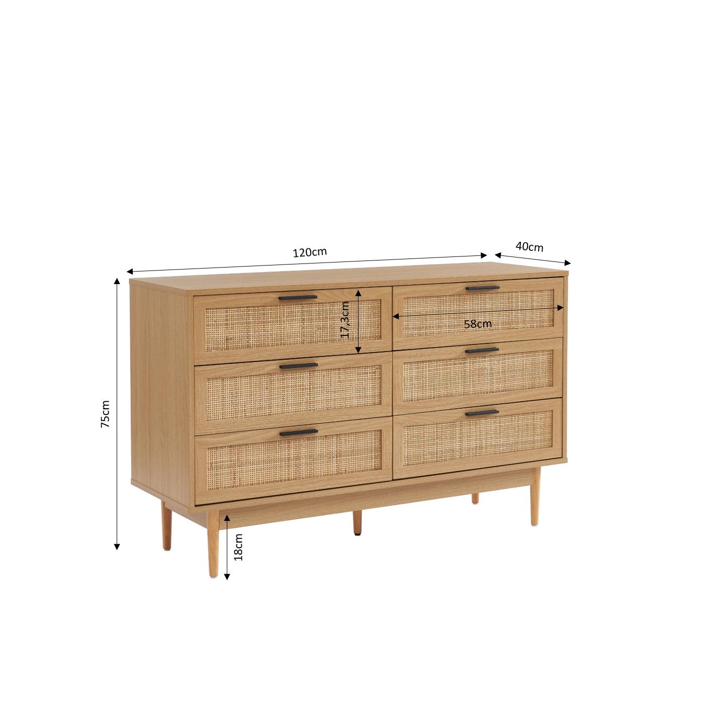 Amana - Commode 6 Tiroirs - Effet Chêne Et Cannage Rotin