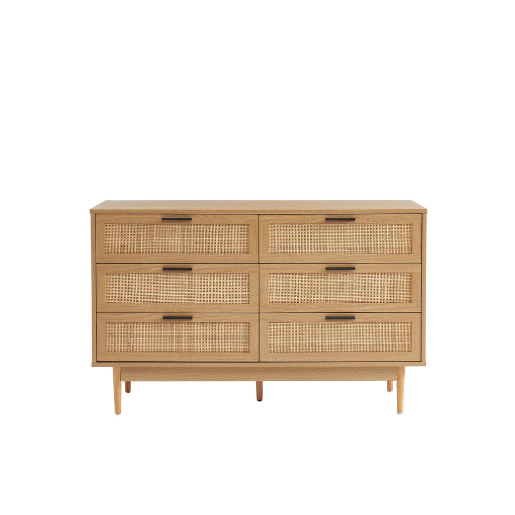 Amana - Commode 6 Tiroirs - Effet Chêne Et Cannage Rotin