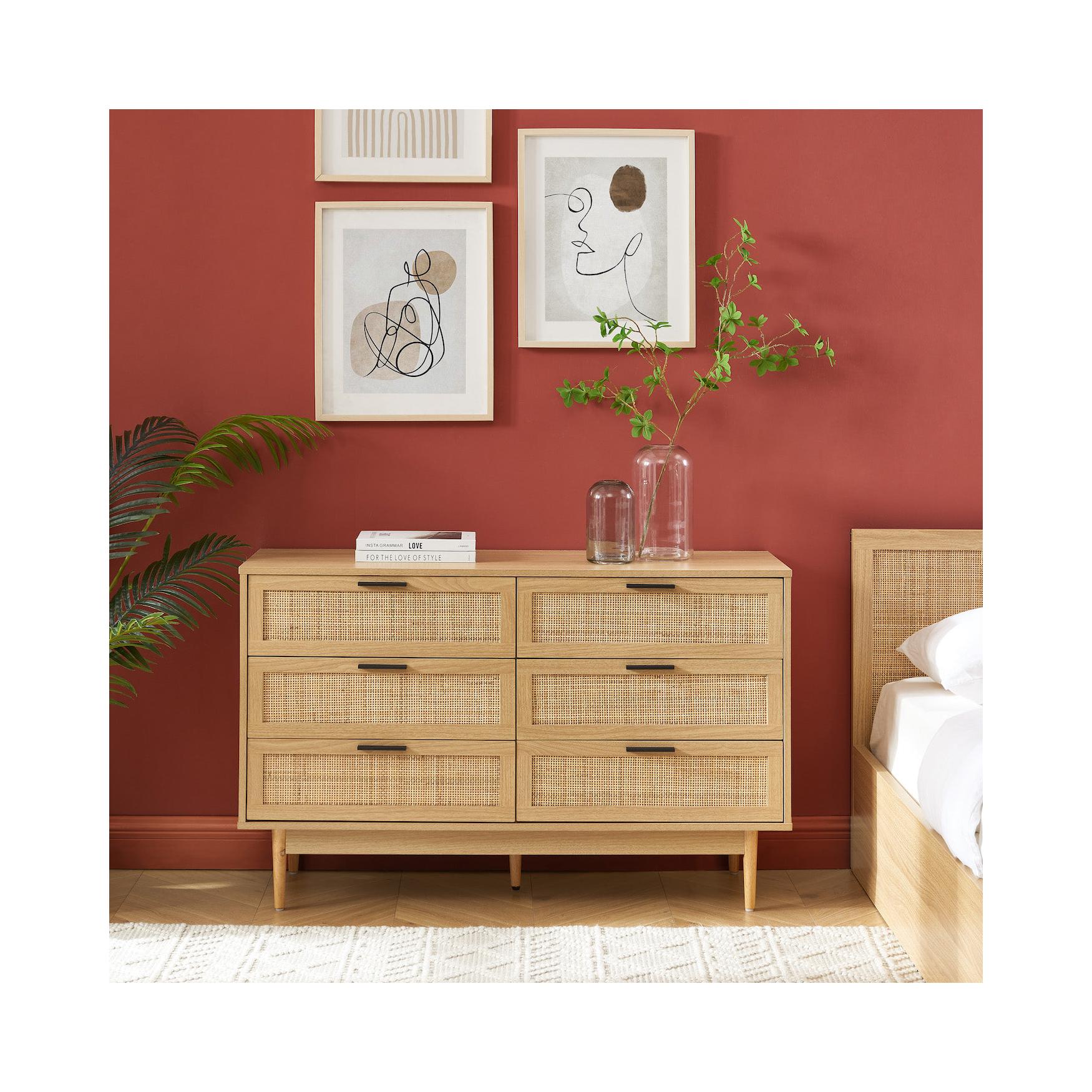 Amana - Commode 6 Tiroirs - Effet Chêne Et Cannage Rotin