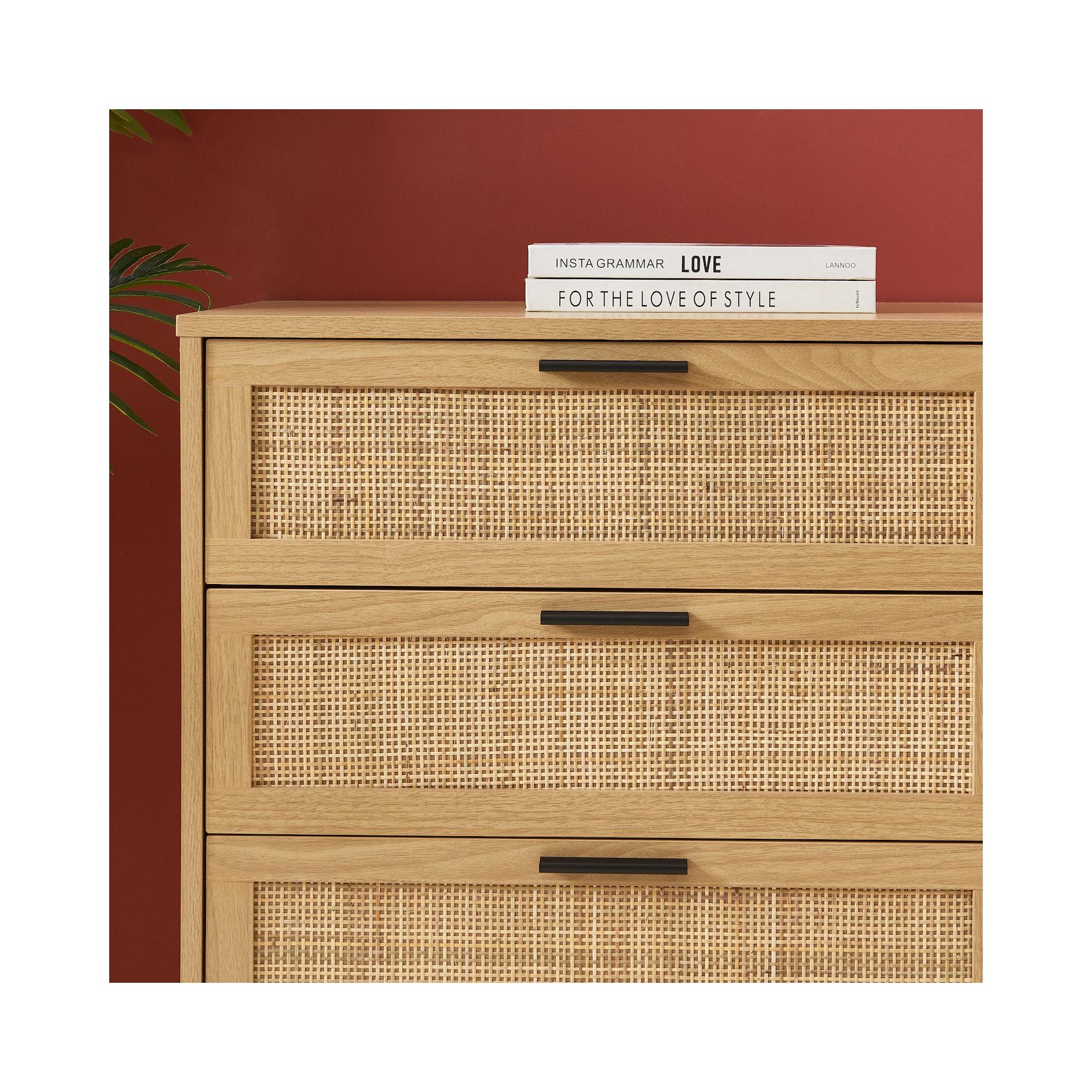 Amana - Commode 6 Tiroirs - Effet Chêne Et Cannage Rotin