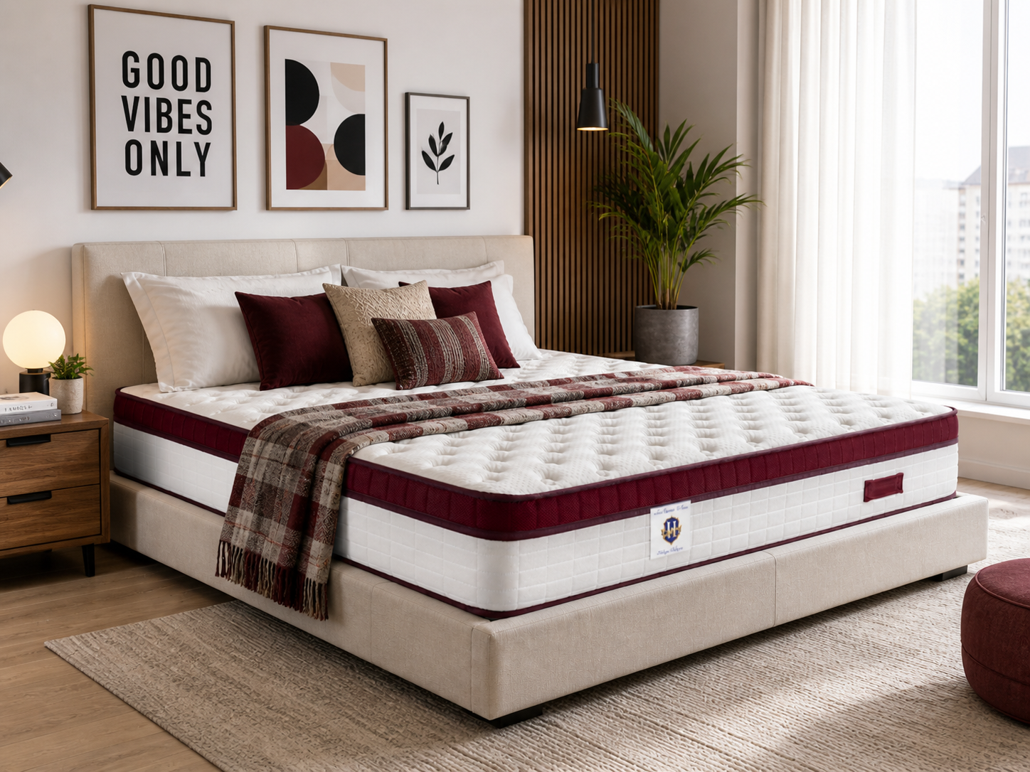 Castelnaud - Ensemble Matelas + Sommier - Blanc/Bordeaux