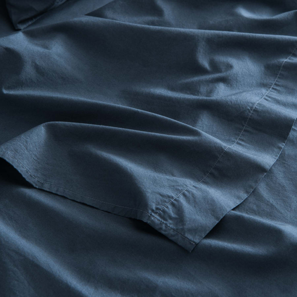 Drap Plat En Percale De Coton Lavé 300 Fils - Bleu Orage