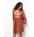 Robe Folk Brodée Femme - Marron Uni Clair