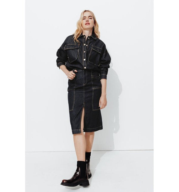Jupe Midi en Jean Brut - Jeans Uni Fonce