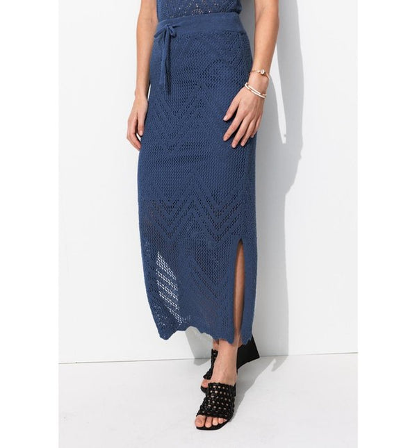 Jupe Midi en Maille Filet - Bleu Uni Colore