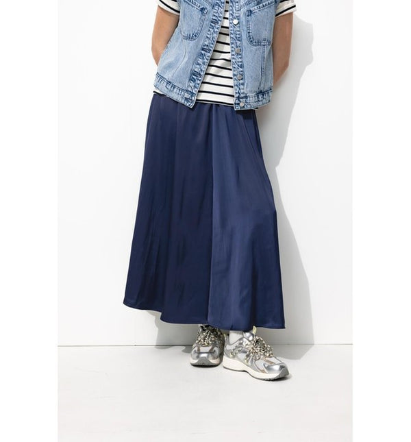 Jupe Longue en Satin Femme - Bleu Uni Fonce