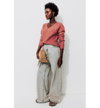 Pull Côtelé Col V Femme - Rose Uni Colore
