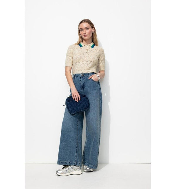 Pull Court Col Polo Femme - Naturel Uni Clair
