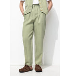 Pantalon à Pinces Taille Haute - Kaki Uni Clair