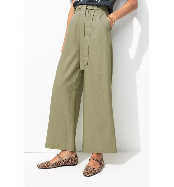 Pantalon Large en Lin Mélangé - Kaki Uni Clair