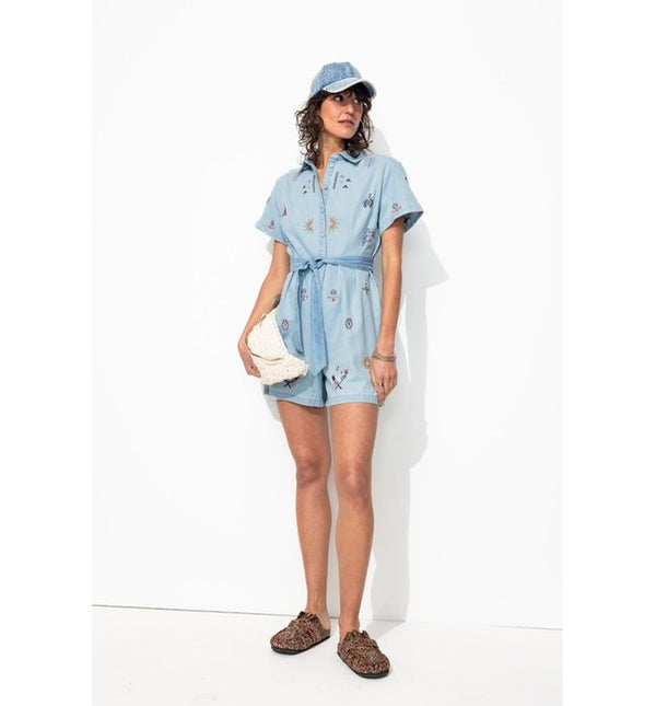 Combishort en Jean Brodé Femme - Jeans Uni Clair