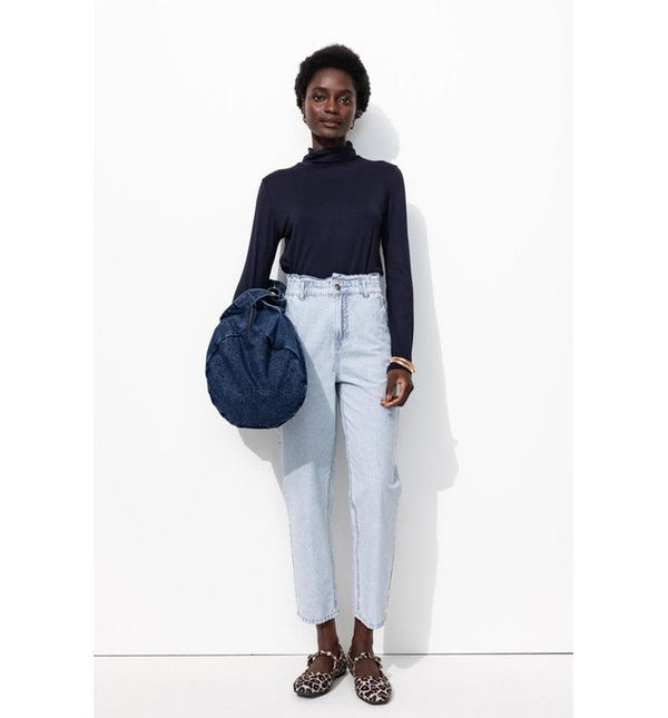 T-shirt Col Roulé Femme - Bleu Uni Fonce