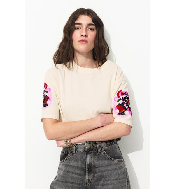 T-shirt Brodé de Sequins Femme - Naturel Imprime