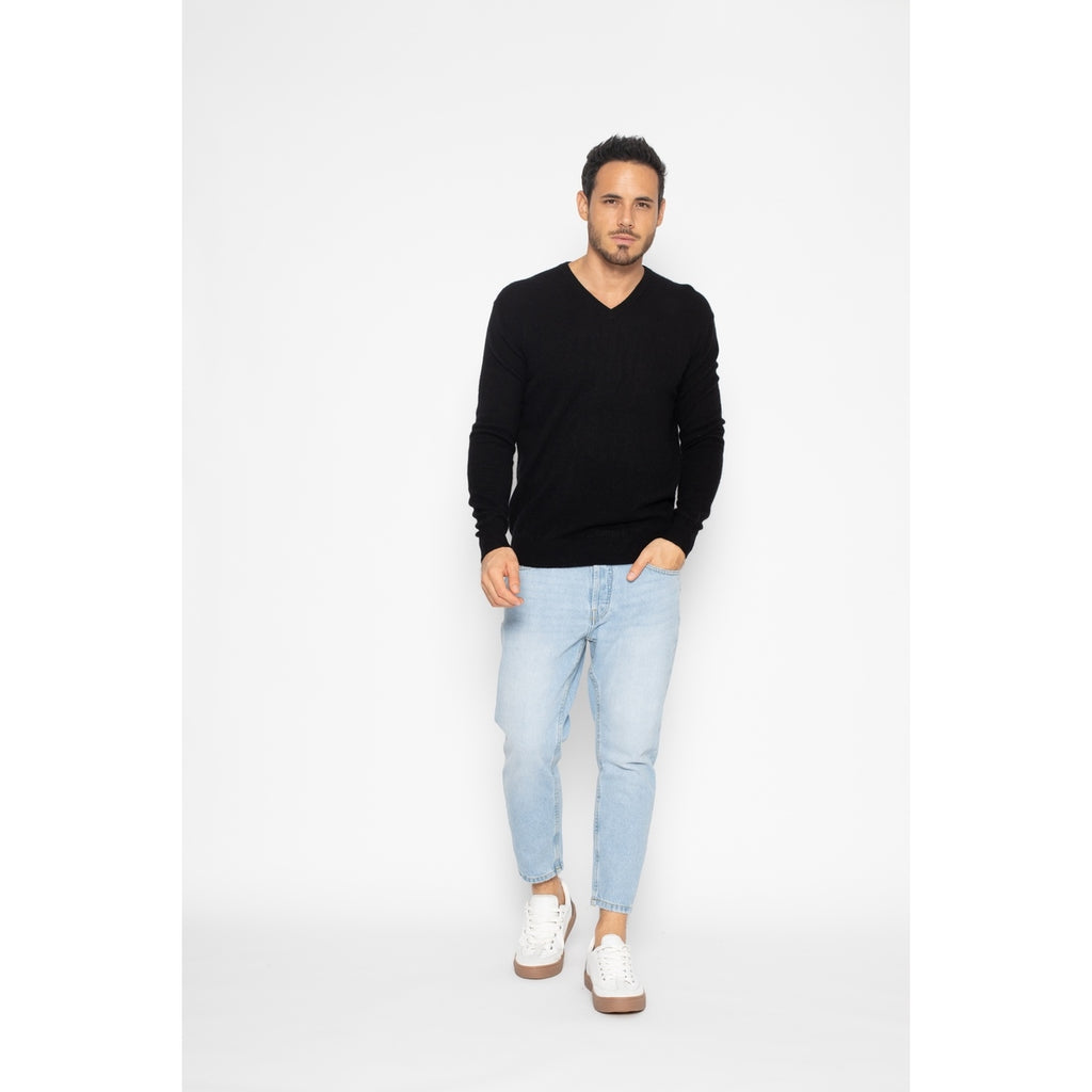 Pull Col V Agel Noir, Jersey, 100% Cachemire, 2 Fils - Homme