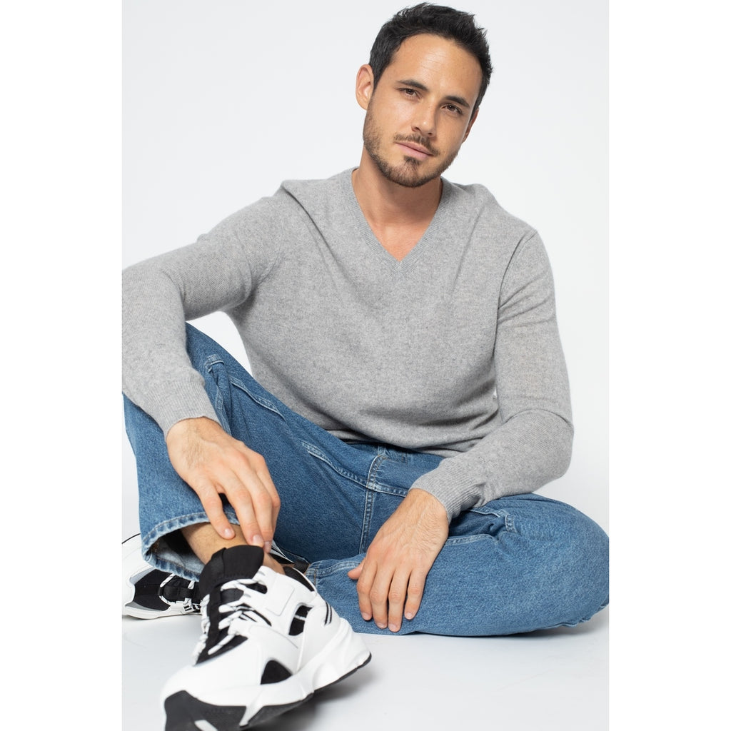 Pull Col V Agel Gris Chiné, Jersey, 100% Cachemire, 2 Fils - Homme