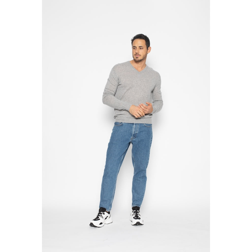 Pull Col V Agel Gris Chiné, Jersey, 100% Cachemire, 2 Fils - Homme