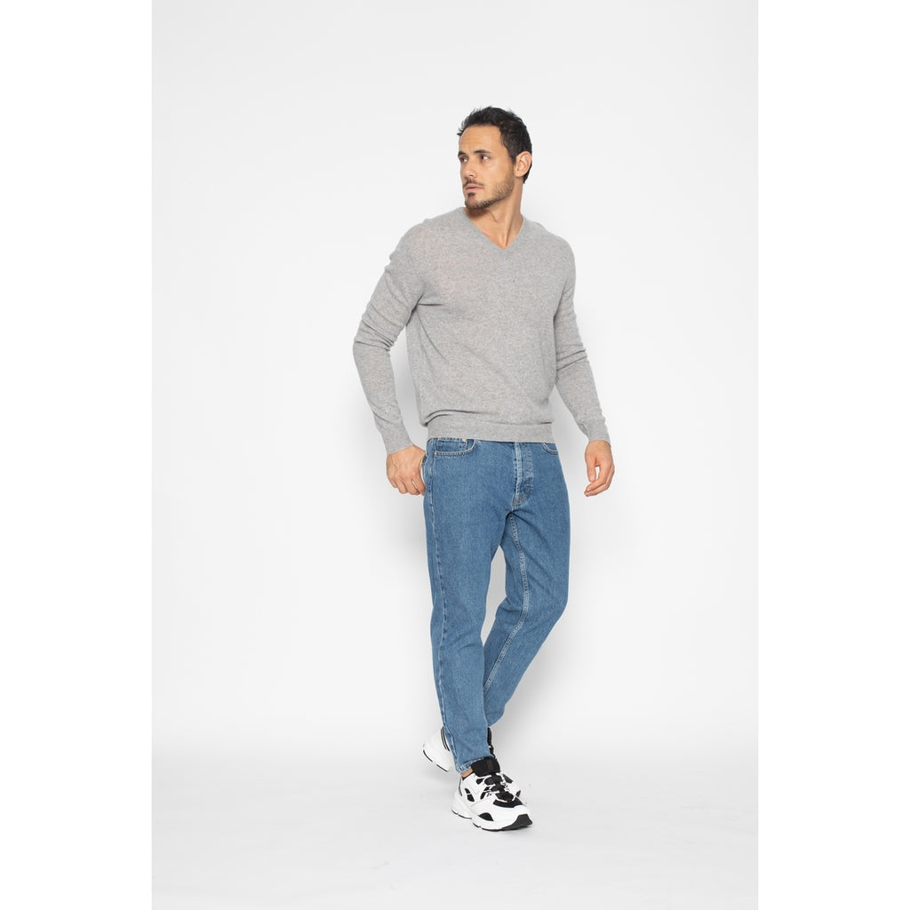 Pull Col V Agel Gris Chiné, Jersey, 100% Cachemire, 2 Fils - Homme