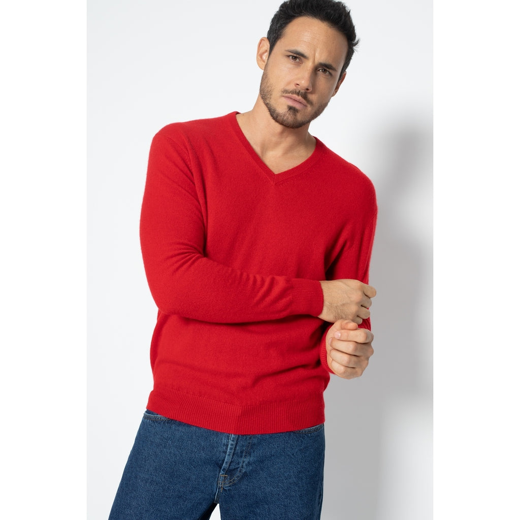 Pull Col V Agel Rouge, Jersey, 100% Cachemire, 2 Fils - Homme