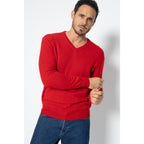 Pull Col V Agel Rouge, Jersey, 100% Cachemire, 2 Fils - Homme