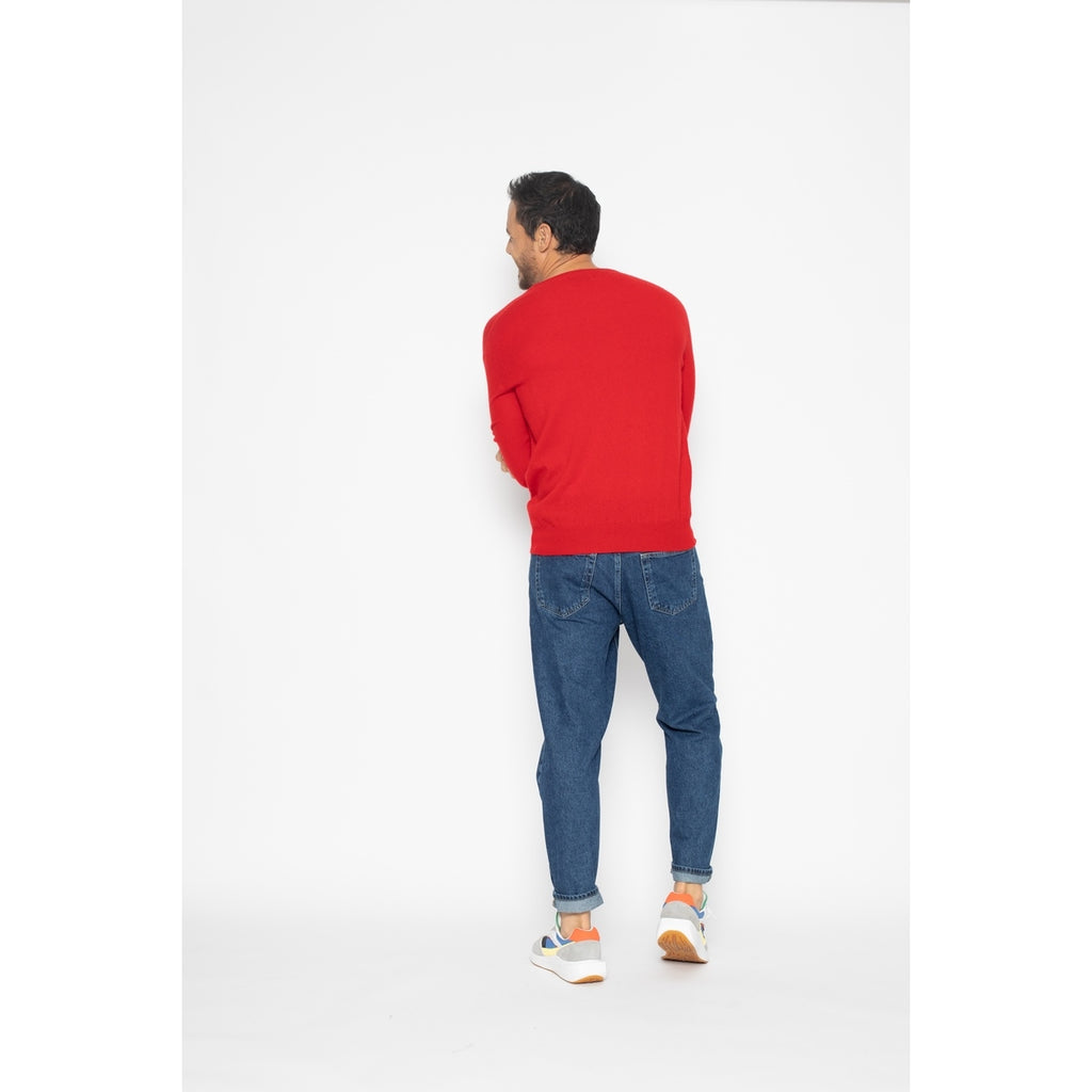 Pull Col V Agel Rouge, Jersey, 100% Cachemire, 2 Fils - Homme