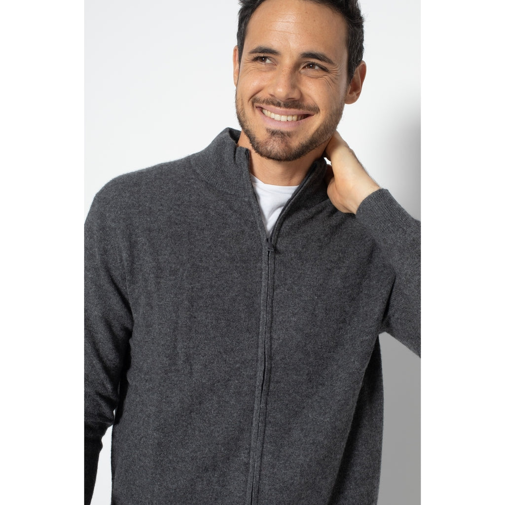 Pull Zippé Albaron Gris Sombre, Jersey, 100% Cachemire, 2 Fils, 261 Gr - Homme