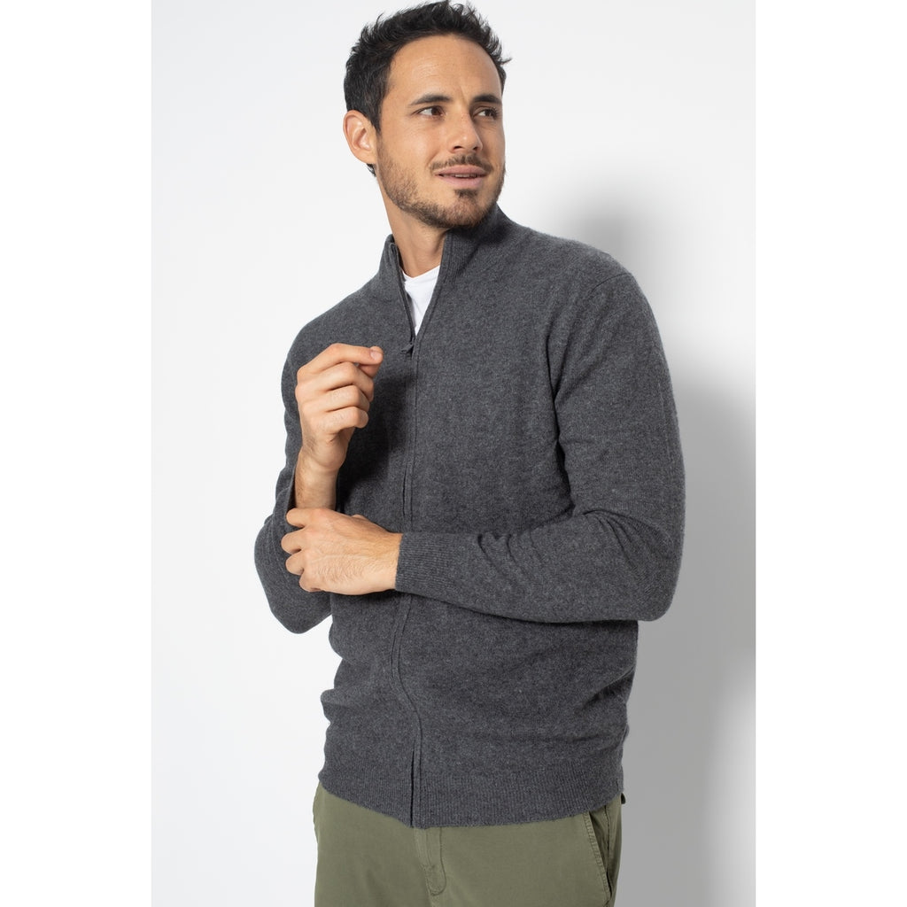 Pull Zippé Albaron Gris Sombre, Jersey, 100% Cachemire, 2 Fils, 261 Gr - Homme