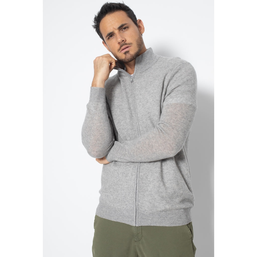 Pull Zippé Albaron Gris Chiné, Jersey, 100% Cachemire, 2 Fils, 262 Gr - Homme