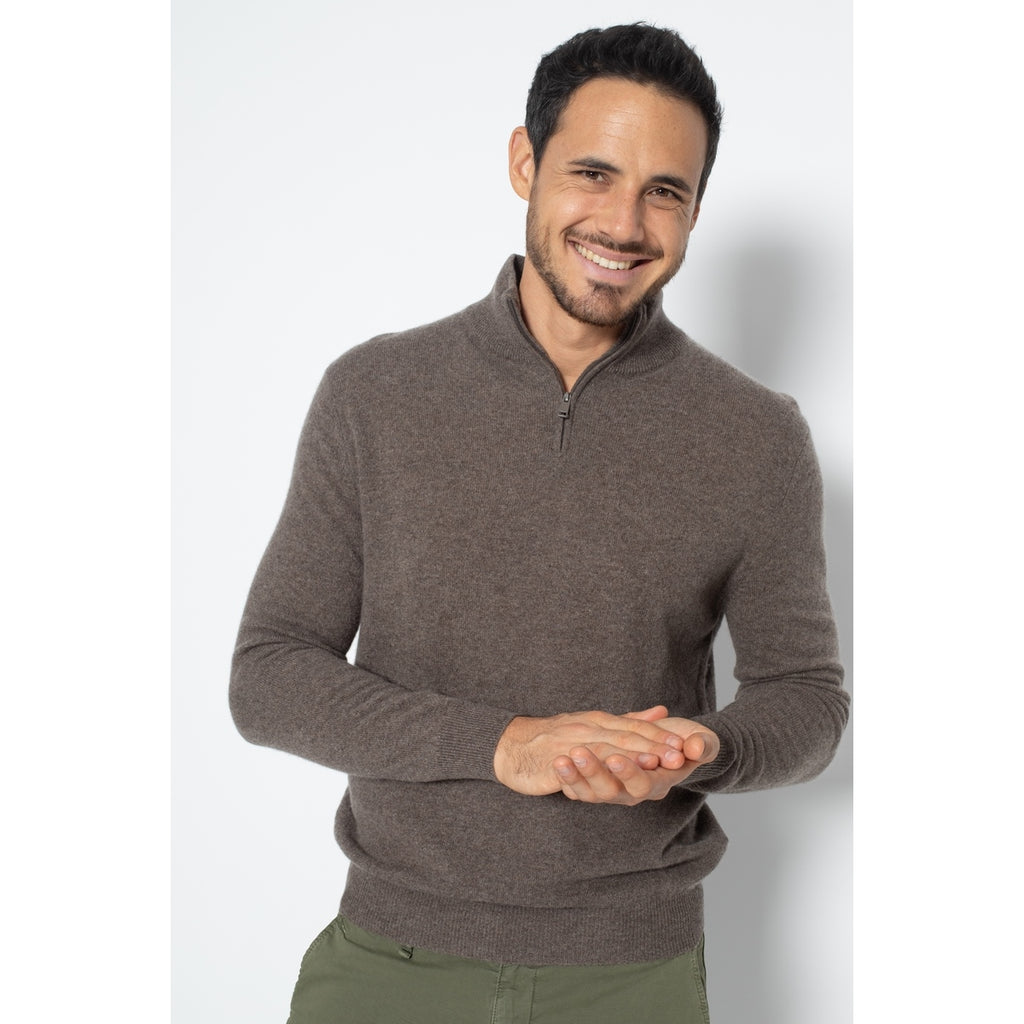 Pull Col Zippé Ambin Taupe, Jersey, 100% Cachemire, 2 Fils - Homme